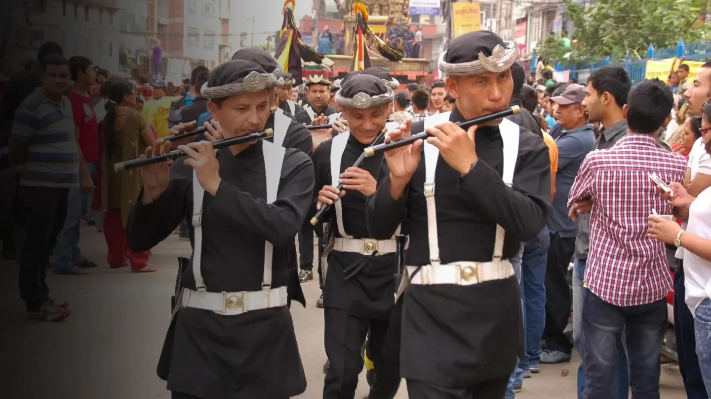 Gurju Ko Paltan (King Prithvi Narayan Soldiers) on the procession of Rato Machhindranath Chariot