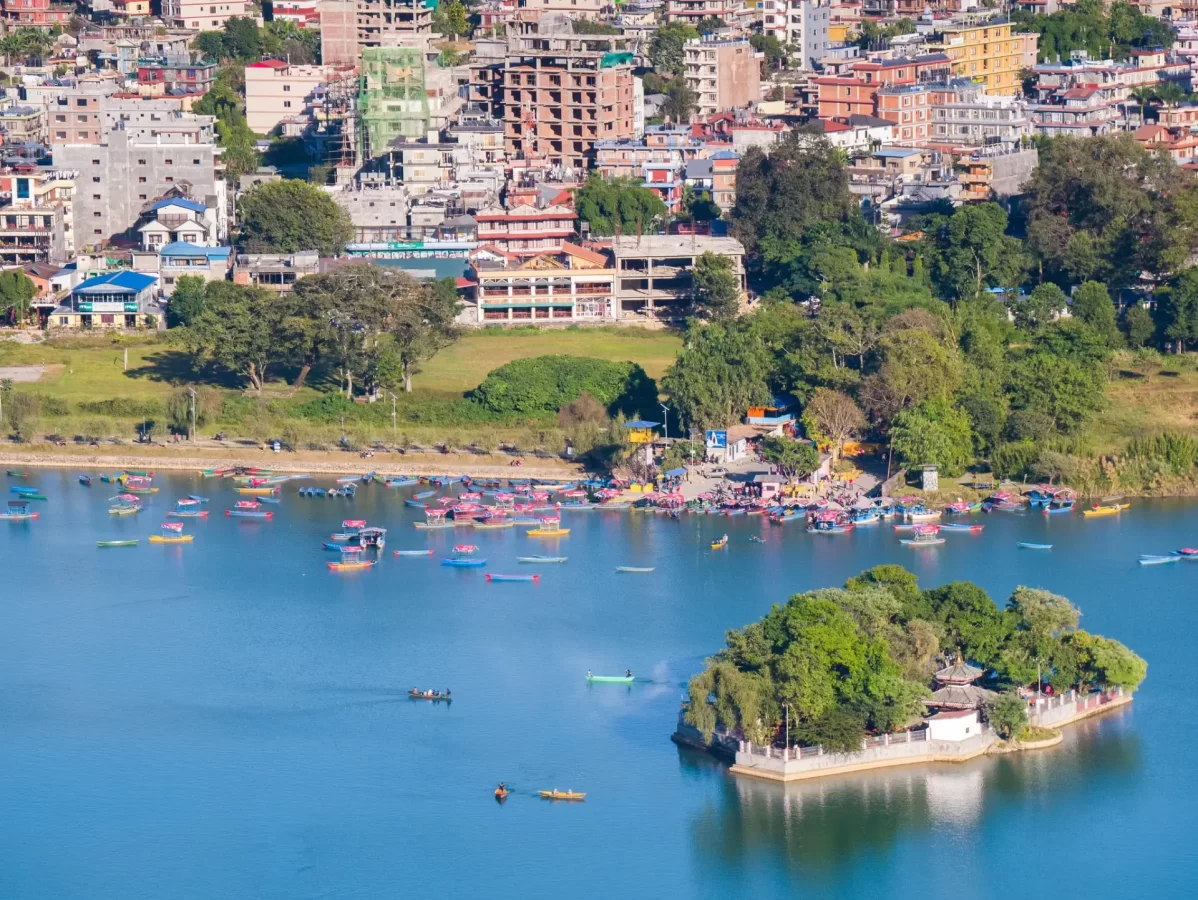 Aerial view of Tal Barahi Temple and Phewa lake